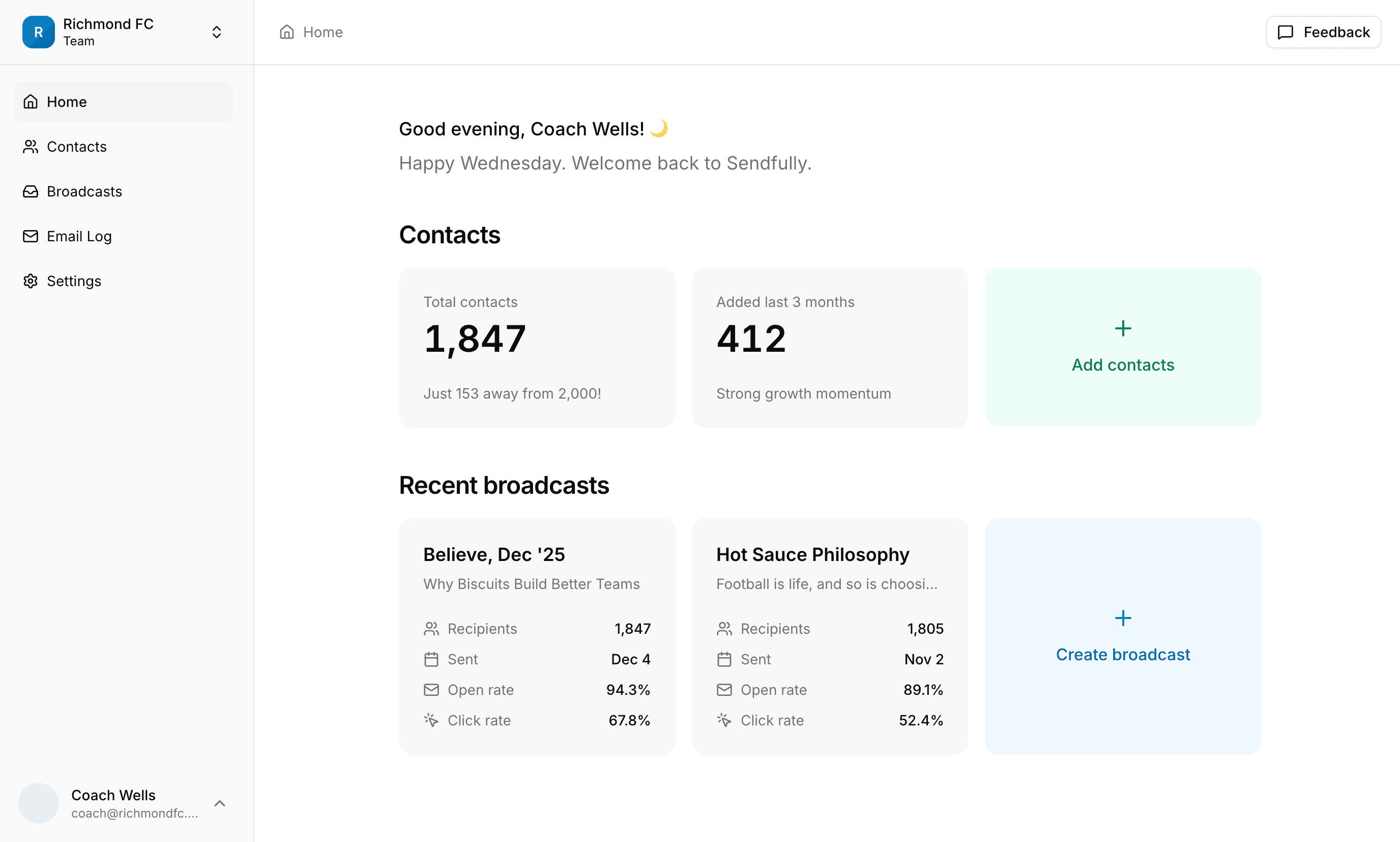 Sendfully dashboard showing contacts and broadcast management